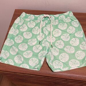Strong Boat Classic Boys Swim Trunks in White/Green Sand Dollar Print. Size 12.